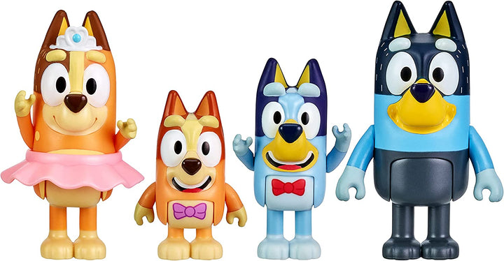 Bluey „The Show“ 4er-Pack 6,3–7,6 cm große offizielle bewegliche Actionfiguren von Bluey, Bingo, Chilli (Mama) und Bandit (Papa) zum Sammeln