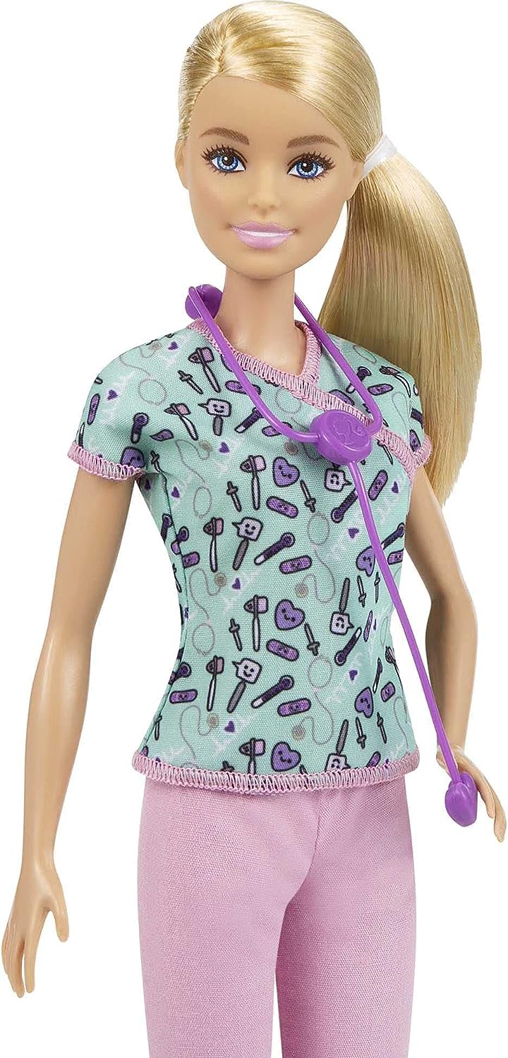 Barbie Nurse Blonde Doll with Scrubs Featuring a Medical Tool Print Top & Pink Pants, White Shoes & Stethoscope, Gift for Ages 3 Years