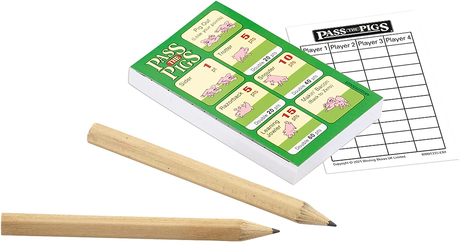 PASS THE PIGS Würfelspiel – Klassisches Party- und Reisespiel mit 2 Schweinen, Regelbuch, Punktekarten und Bleistiften 3