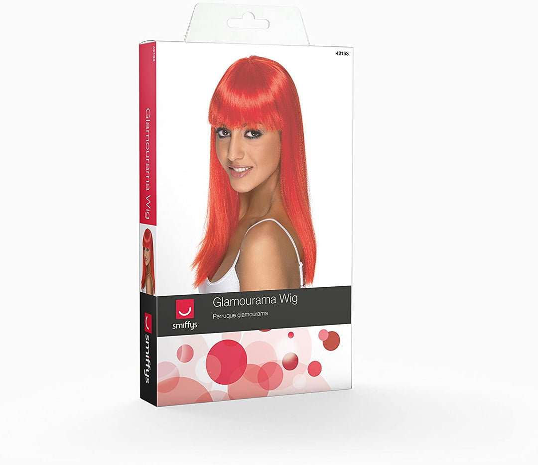 Smiffys Women's Long and Straight Neon Red Wig with Bangs, One Size, Glamourama Wig, 42163