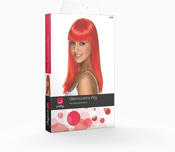 Smiffys Women's Long and Straight Neon Red Wig with Bangs, One Size, Glamourama Wig, 42163