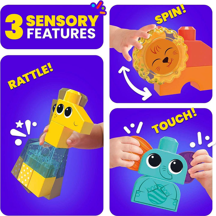 MEGA BLOKS Sinnesspielzeug für Kleinkinder, Rock n Rattle Safari mit Bausteinen