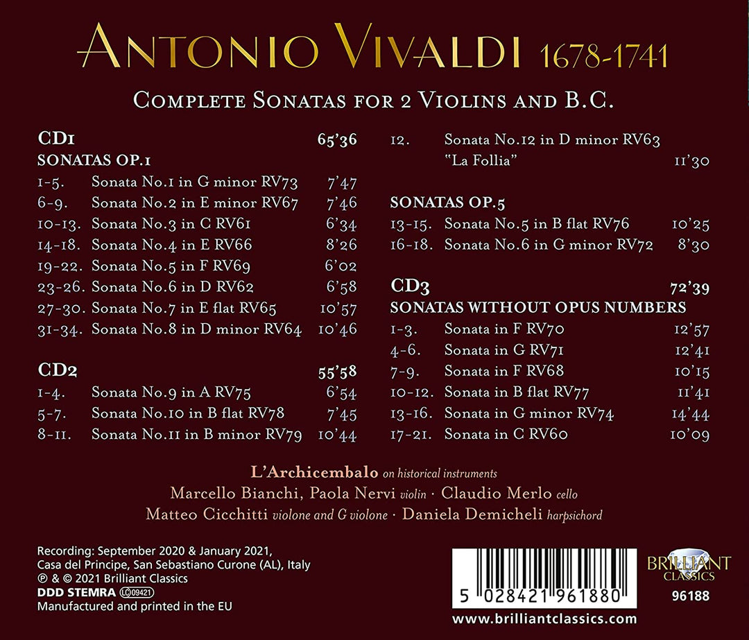L'archicembalo - Vivaldi: Complete Sonatas for 2 Violins and B.C. [Audio CD]
