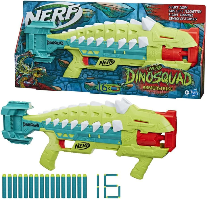 Nerf DinoSquad Armorstrike Dart Blaster, 8-Dart rotierende Trommel, Drop Grip, 16 Ner