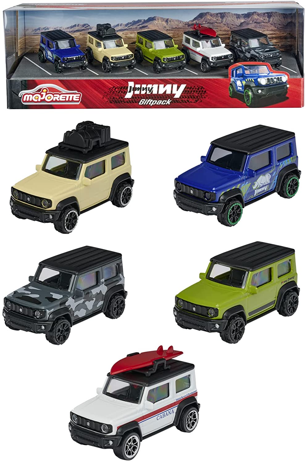 Majorette 212053177 Suzuki Jimny Geschenkset – Set mit 5 SUV-Modellen, Spielzeugautos aus Metall, Offroad, für Mädchen und Jungen