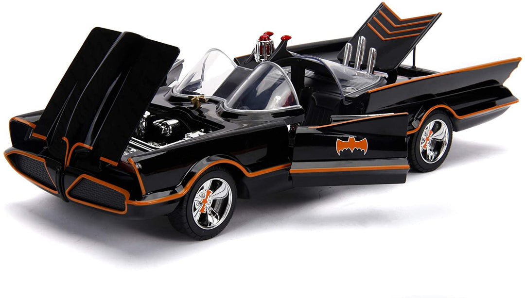 Jada Toys 253216001 Batman, klassisches Batmobil, Modellauto im Maßstab 1:18 mit zu öffnenden Türen, Kofferraum und Motorhaube, inklusive Batman- und Robin-Figur aus Druckguss, Schwarz, Mehrfarbig, Einheitsgröße