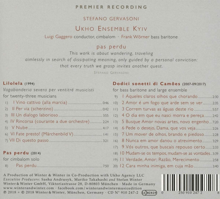 Ukho Ensemble Kyiv - Gervasoni: Pas Perdu [Ukho Ensemble Kyiv; Luigi Gaggero; Frank Wörner; Luigi Gaggero] [Winter & Winter: 9102472]  [Audio CD]