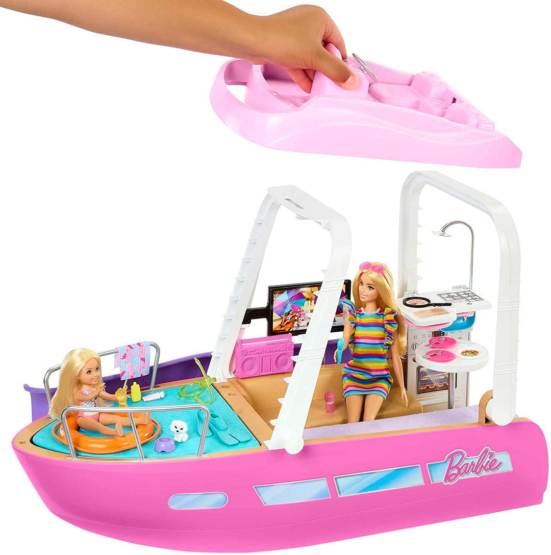 Barbie-Boot mit Pool und Rutsche, Traumboot-Spielset enthält mehr als 20 Teile wie Dol