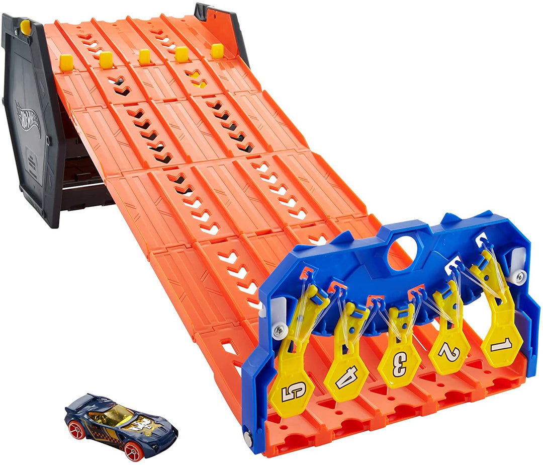 Hot Wheels Roll Out Raceway Track Set, Storage Bucket Unrolls into 5-Lane Racetrack for Multi-Car Play, Connects to Other Sets