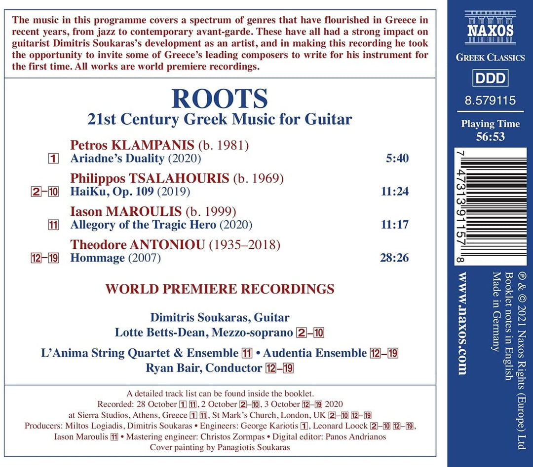 Klampanis: Wurzeln [Dimitris Soukaras; Lotte Betts-Dean; L'Anima Streichquartett &amp; Ensemble; Audentia Ensemble; Ryan Bair] [Naxos: 8579115] [Audio CD]
