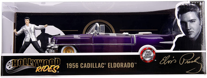 Jada Toys 253255011 1956 Presley Cadillac Eldorado Druckguss-Spielzeugauto, Türen, Kofferraum und Motorhaube offen, inklusive Elvis-Figur, Maßstab 1:24, Lila