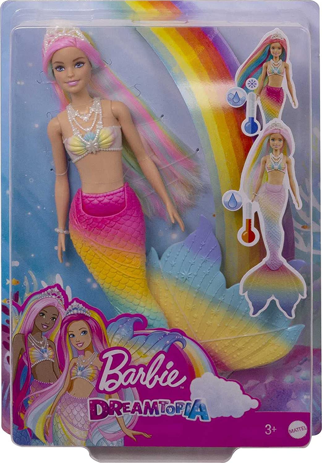 Barbie Dreamtopia Rainbow Magic Mermaid-Puppe mit Regenbogenhaar und wasseraktivierter Farbwechselfunktion, Geschenk für 3- bis 7-Jährige