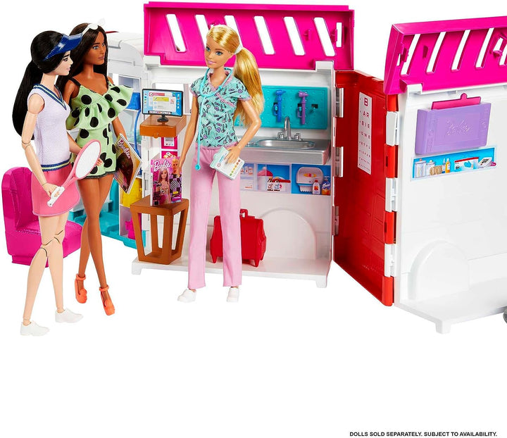 Barbie-Spielzeug, verwandelndes Krankenwagen- und Klinik-Spielset mit Lichtern, Geräuschen und 2