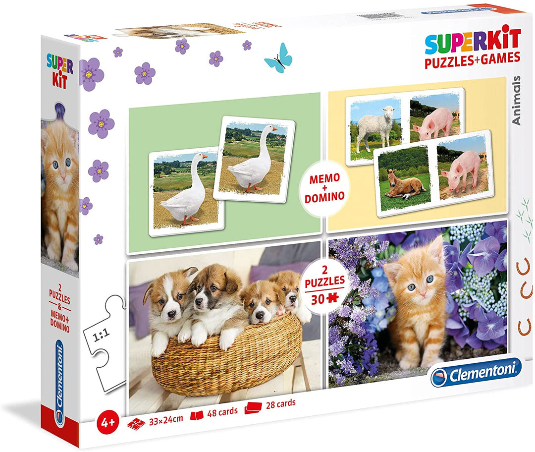Clementoni – 20240 – Superkit – Tiere – Made in Italy – Puzzle für Kinder ab 4 Jahren, Domino und Memory-Spiel