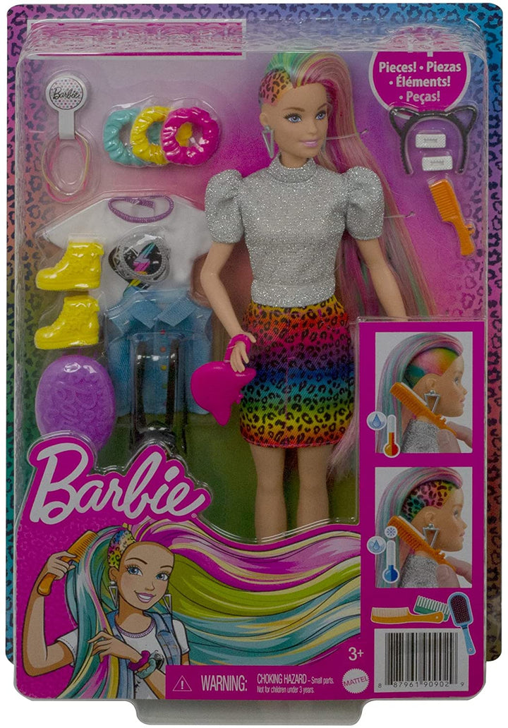 Barbie-Puppe mit Leoparden-Regenbogenhaar (blond) mit Farbwechsel-Haarfunktion, 16 Spielaccessoires für Haare und Mode, darunter Haargummis, Bürste, modische Oberteile, Katzenohren und Katzenhandtasche für Kinder von 3 bis 7 Jahren