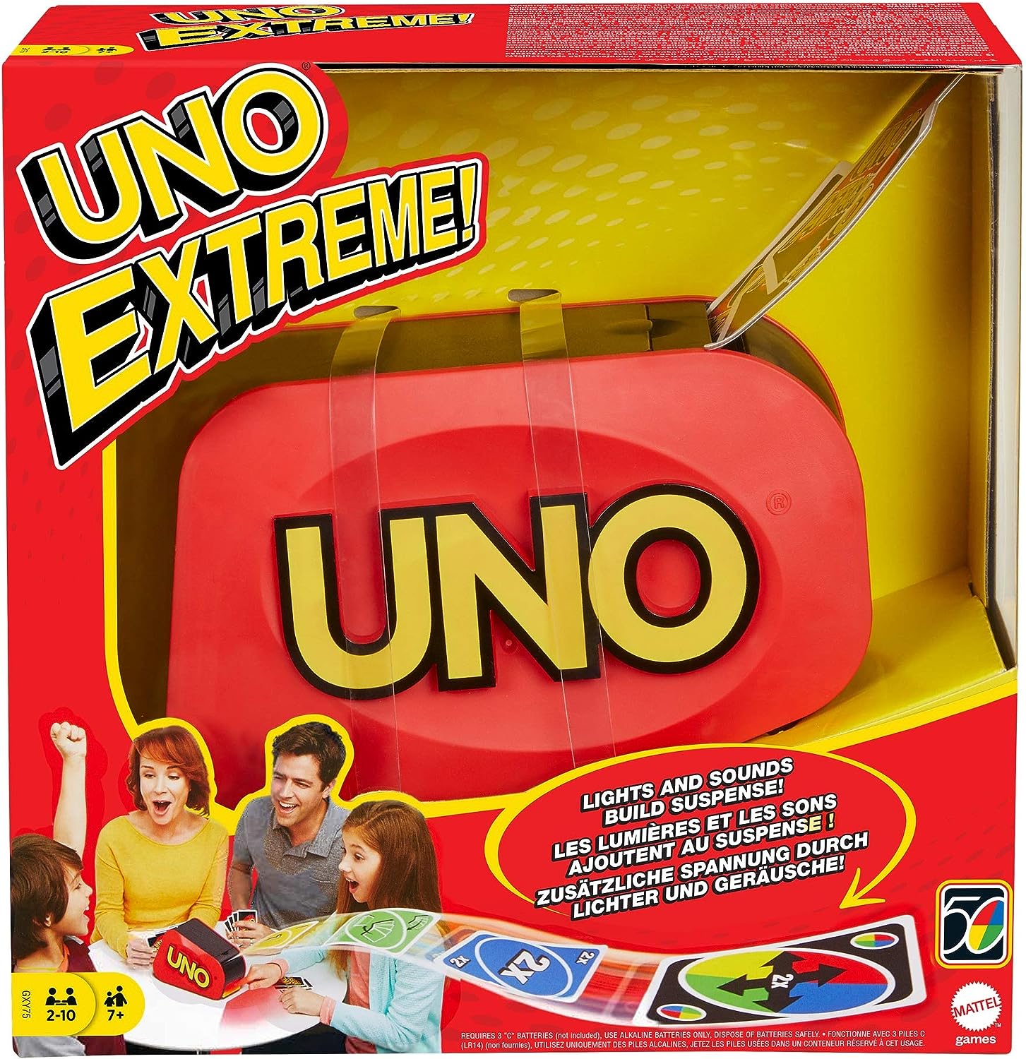 UNO Extreme Kartenspiel mit Zufallsaktionswerfer, Lichtern und Geräuschen, 112 Karten