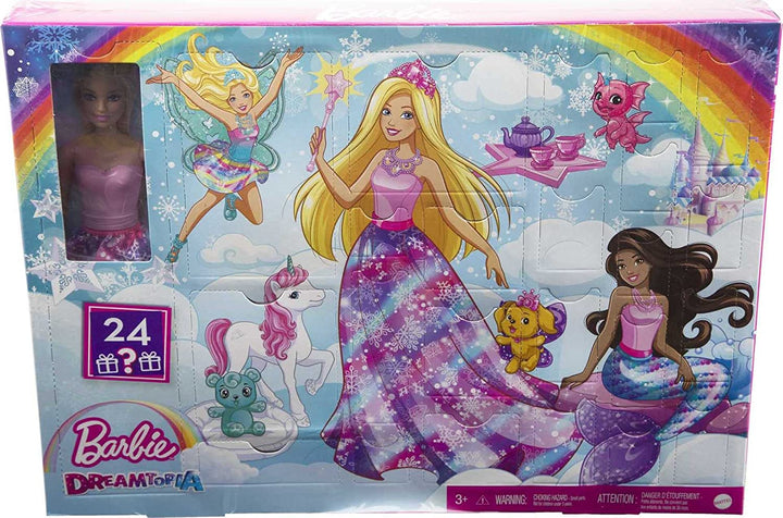 Barbie Dreamtopia Adventskalender mit Barbie-Puppe und 24 Überraschungen, darunter märchenhafte Mode, Haustiere und Accessoires, Weihnachtsgeschenk für 3- bis 7-Jährige