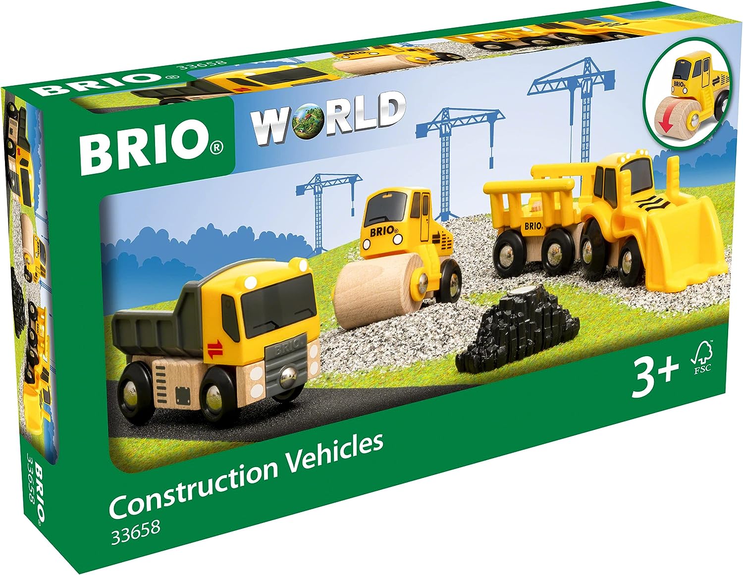 BRIO 33658 Construction Vehicles Train Set - 5-Piece Wooden Toy Truck Set for Kids 3