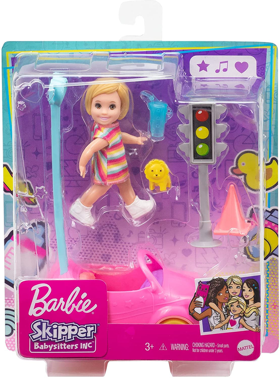 Barbie GRP17 Skipper Babysitters Inc. Zubehörset mit kleiner Kleinkindpuppe und Spielzeugauto, plus Ampel, Kegel, Tasse und Löwenspielzeug, Geschenk für 3- bis 7-Jährige, mehrfarbig, 18,5 cm x 12,73 cm x 6,32 cm