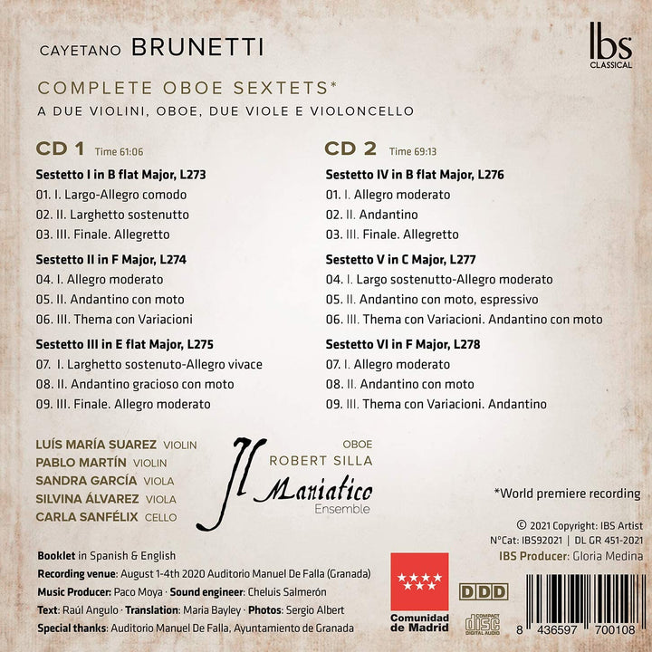 Robert Silla - Brunetti: Complete Oboe Sextets [Robert Silla; Il Maniatico Ensemble] [Ibs Classical: IBS92021] [Audio CD]