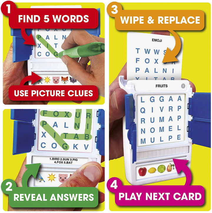 100 PICS Word Search Game - Pocket Puzzle With Picture Clues, Wipe Clean Cards Pen, For Kids And Adults