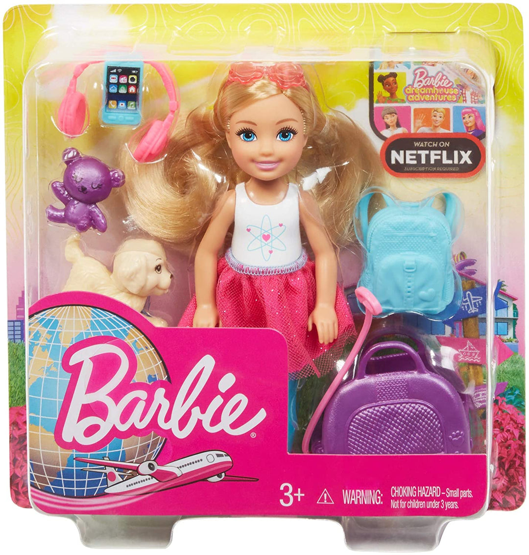 Barbie FWV20 Chelsea Poupée et Ensemble de Voyage avec Chiot, Multicolore