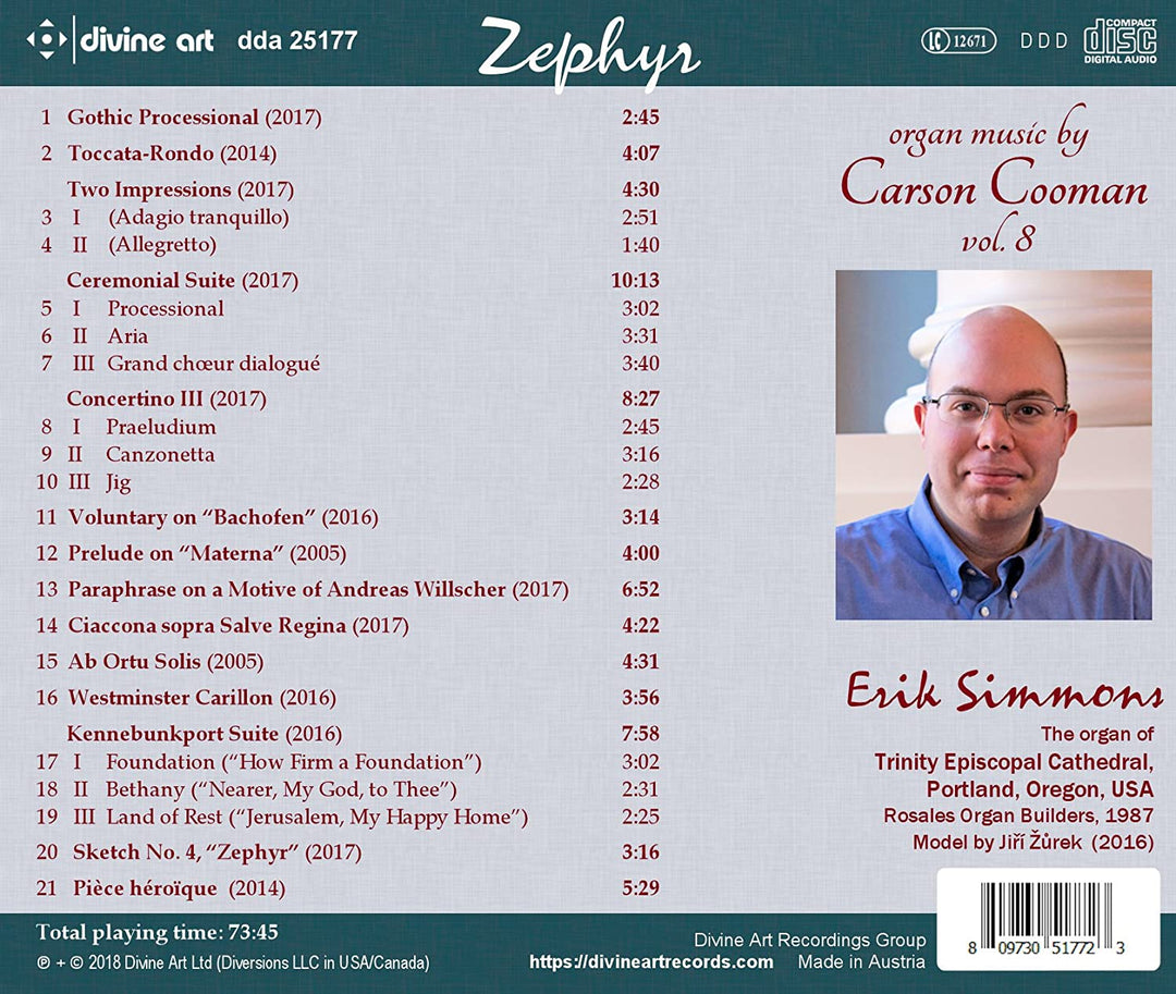 Zephyr: Music for Organ by Carson Cooman, Volume 8 [Erik Simmons] [Divine Art: DDA25177] [Audio CD]