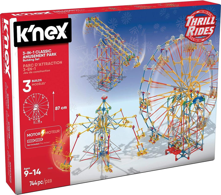 K'NEX 17035 Thrill Rides 3-in-1-Bauset für klassische Vergnügungsparks, 744-teiliges Kinderbauset für kreatives Spielen, stundenlanger Spaß beim Bauen von drei Fahrgeschäften auf dem Messegelände, geeignet für Jungen und Mädchen ab 9 Jahren