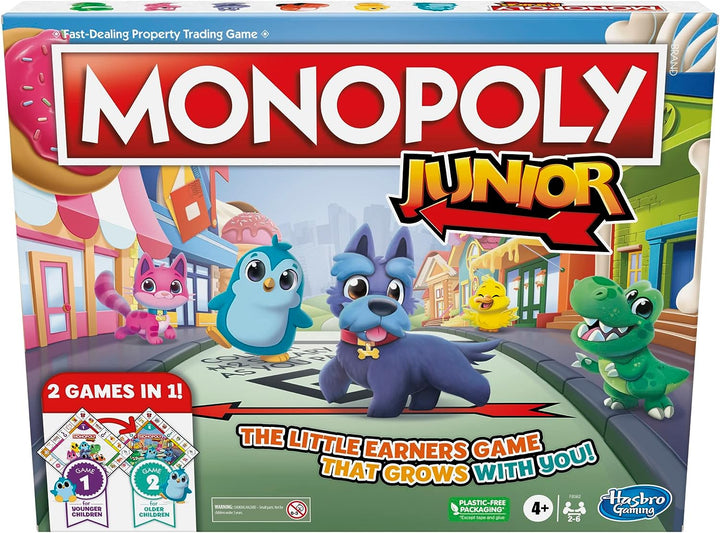 Monopoly Junior Brettspiel, 2-seitiges Spielbrett, 2 Spiele in 1, Monopoly-Spiel für J