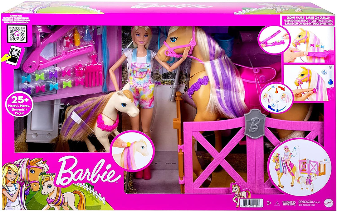 Barbie Groom &#39;n Care Horses Playset con Barbie Doll (Bionda 11,5 pollici), 2 cavalli e oltre 20 accessori per l&#39;acconciatura e l&#39;acconciatura