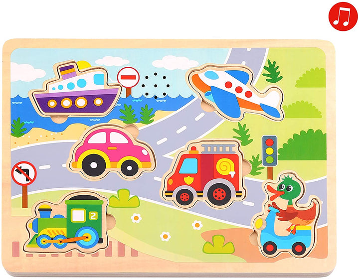 Tooky Toy Juegos de madera Sonido de madera Vehículos de rompecabezas Multicolor