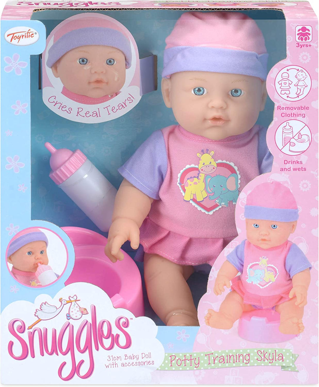 Toyrific Snuggles Baby Doll with Accessories, Cry, Drink and Wet function, Potty