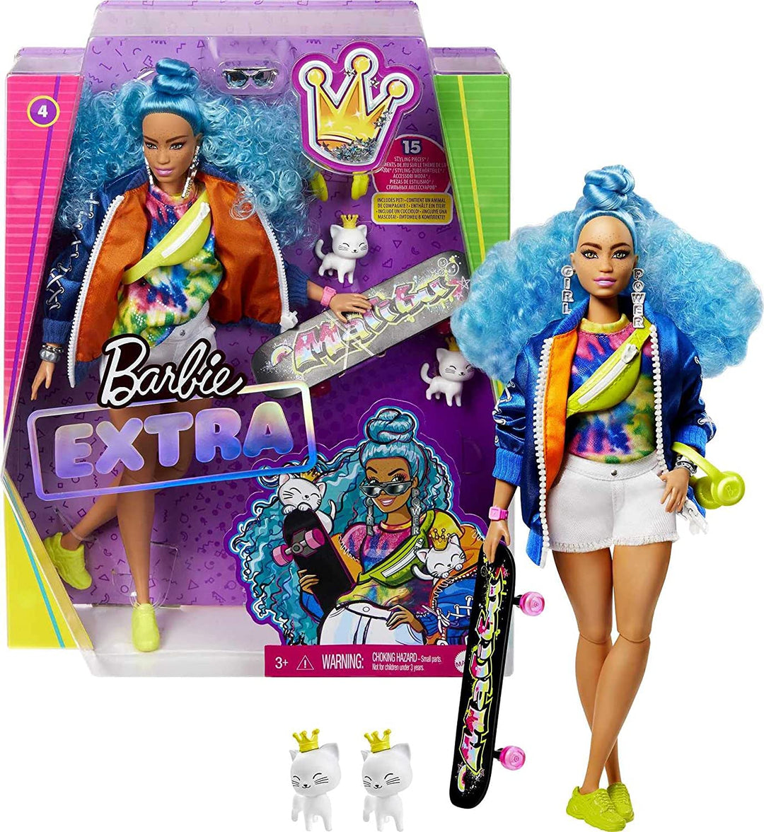 Barbie Extra Puppe Nr. 4 mit Skateboard und 2 Kätzchen für Kinder ab 3 Jahren