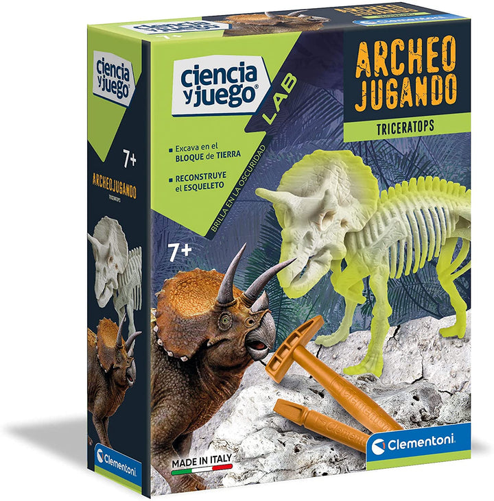 Clementoni -55031 – Arqueojugando Triceratops Phosphorescent – ​​Wissenschaftsspiel zum Graben und Reiten auf Dinosauriern ab 7 Jahren