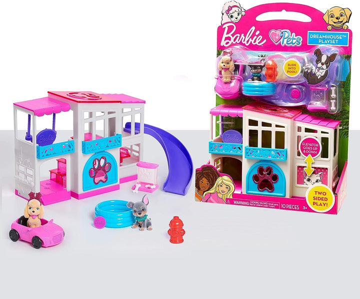 Barbie Pet Dreamhouse 2-seitiges Spielset, 10-teilig, inklusive Haustieren und Zubehör, K