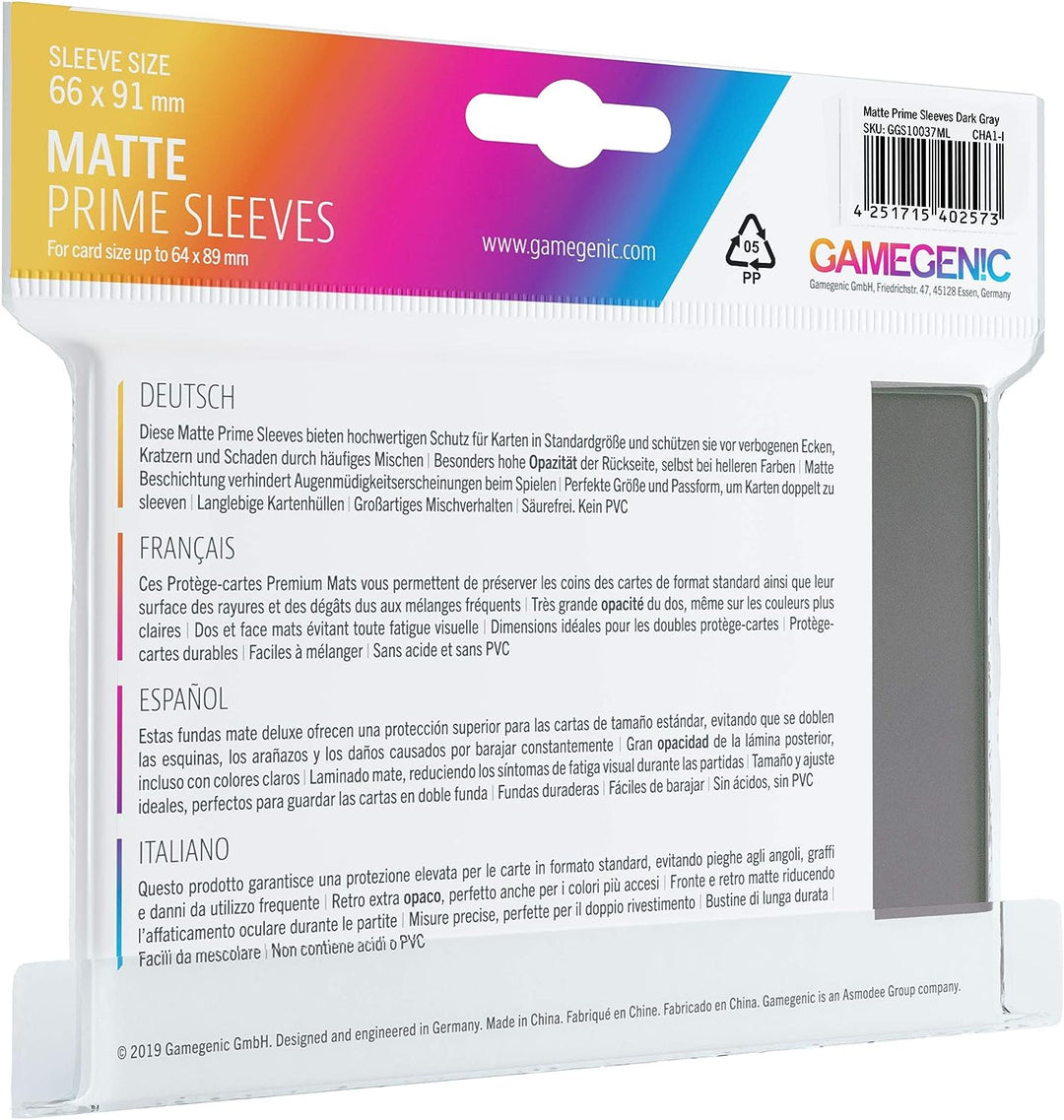 Gamegenic GGS11037ML Matte Prime Sleeves (100-Pack), Dark Grey