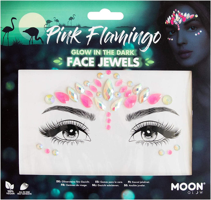 Im Dunkeln leuchtende Gesichtsjuwelen von Moon Glow – Festival-Gesichts- und Körperedelsteine, Kristall-Make-up-Augen-Glitzeraufkleber, temporäre Tattoo-Juwelen (Pink Flamingo)