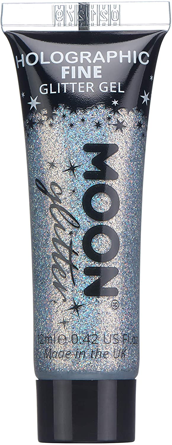 Holografisches feines Glitzergel für Gesicht und Körper von Moon Glitter – Silber – kosmetische Festival-Glitzer-Gesichtsfarbe für Gesicht, Körper, Haare, Nägel – 12 ml