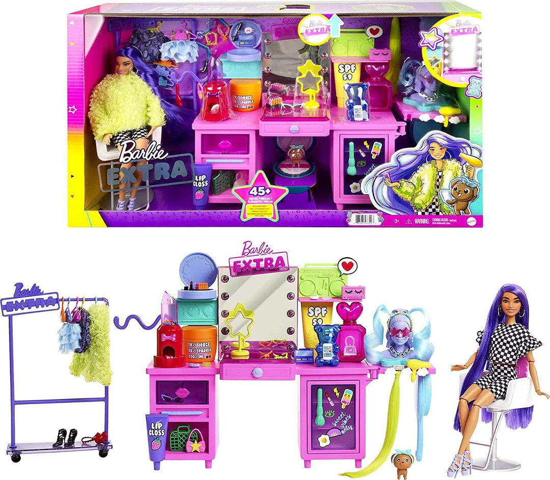 Barbie Extra-Puppen- und Schminktisch-Spielset mit exklusiver Puppe, Haustierwelpe und über 45 Teilen, einschließlich Schminktisch, rollbarem Kleiderständer, beleuchtetem Spiegel, Kleidung und Accessoires