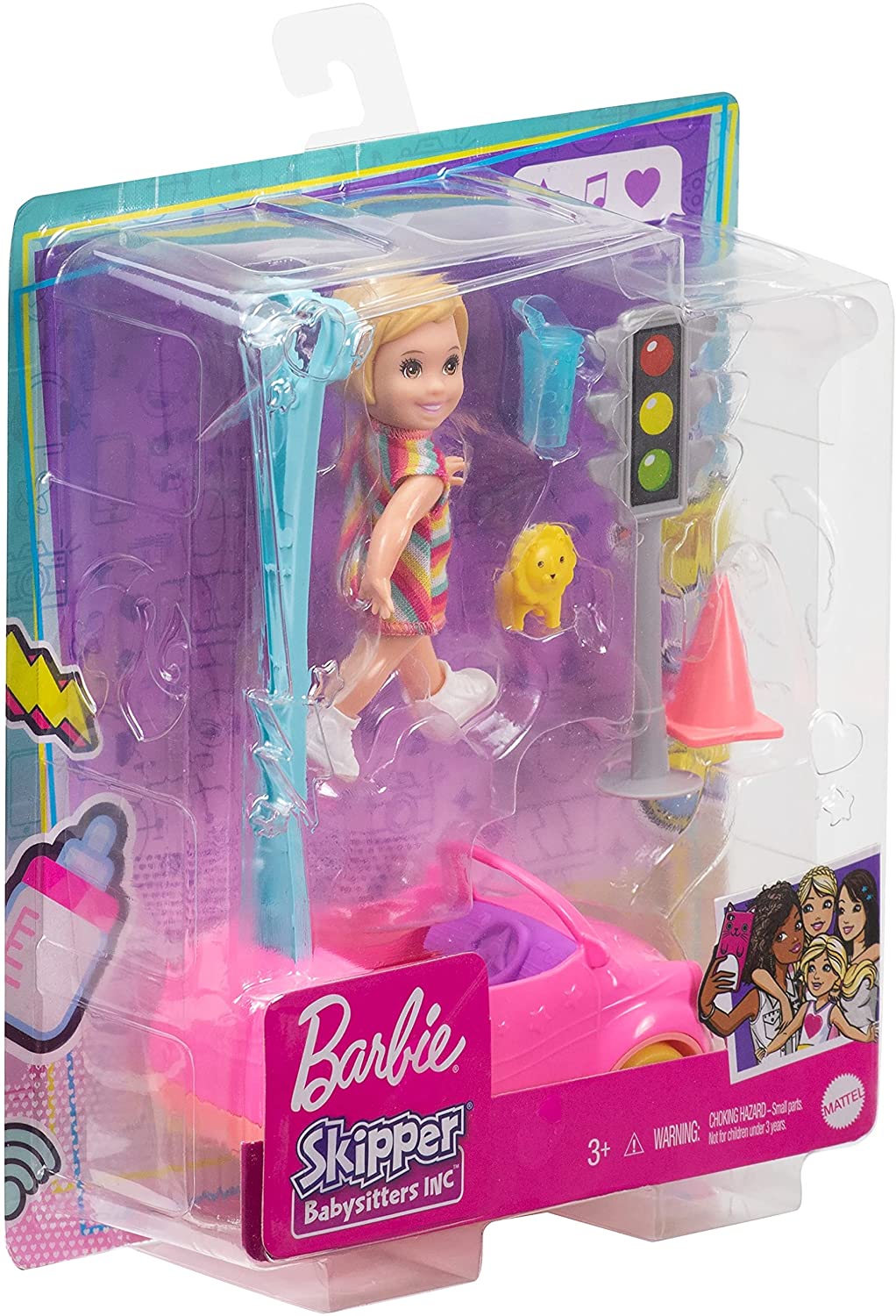 Barbie GRP17 Skipper Babysitters Inc. Zubehörset mit kleiner Kleinkindpuppe und Spielzeugauto, plus Ampel, Kegel, Tasse und Löwenspielzeug, Geschenk für 3- bis 7-Jährige, mehrfarbig, 18,5 cm x 12,73 cm x 6,32 cm