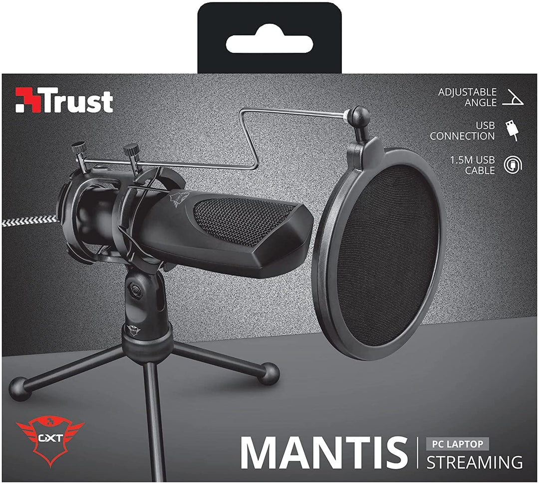 Trust Gaming GXT 232 Mantis Streaming-Gaming-Mikrofon für PC, PS4 und PS5, USB-Anschluss, inklusive Stoßdämpferhalterung, Pop-Filter und Stativständer – Schwarz
