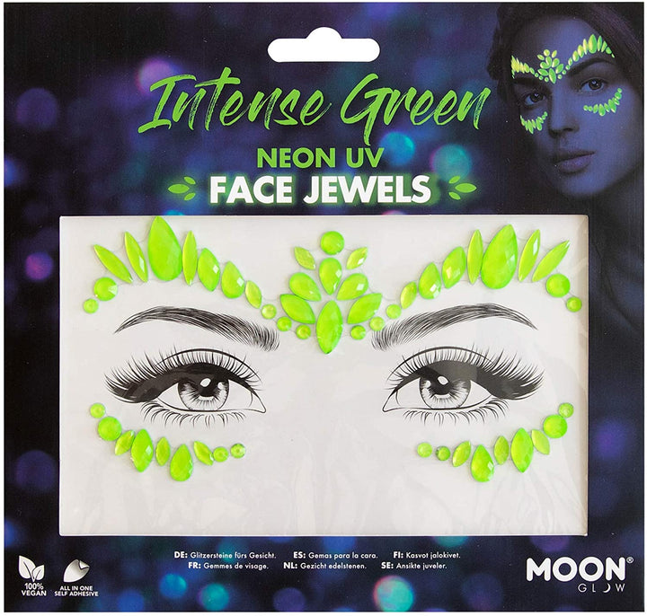 Joyas de neón UV para la cara de Moon Glow - Joyas para el cuerpo de la cara del festival, Pegatinas de brillo de ojos de maquillaje de cristal, Joyas para tatuajes temporales