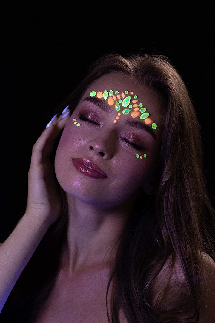 Im Dunkeln leuchtende Gesichtsjuwelen von Moon Glow – Festival-Gesichts- und Körperedelsteine, Kristall-Make-up-Augen-Glitzeraufkleber, temporäre Tattoo-Juwelen (Pink Flamingo)