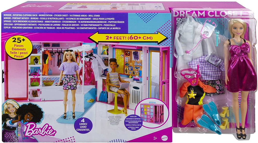 Barbie Dream Closet &amp; Blonde Barbie Doll – Erweiterbarer Kleiderschrank mit rotierender Kleidung