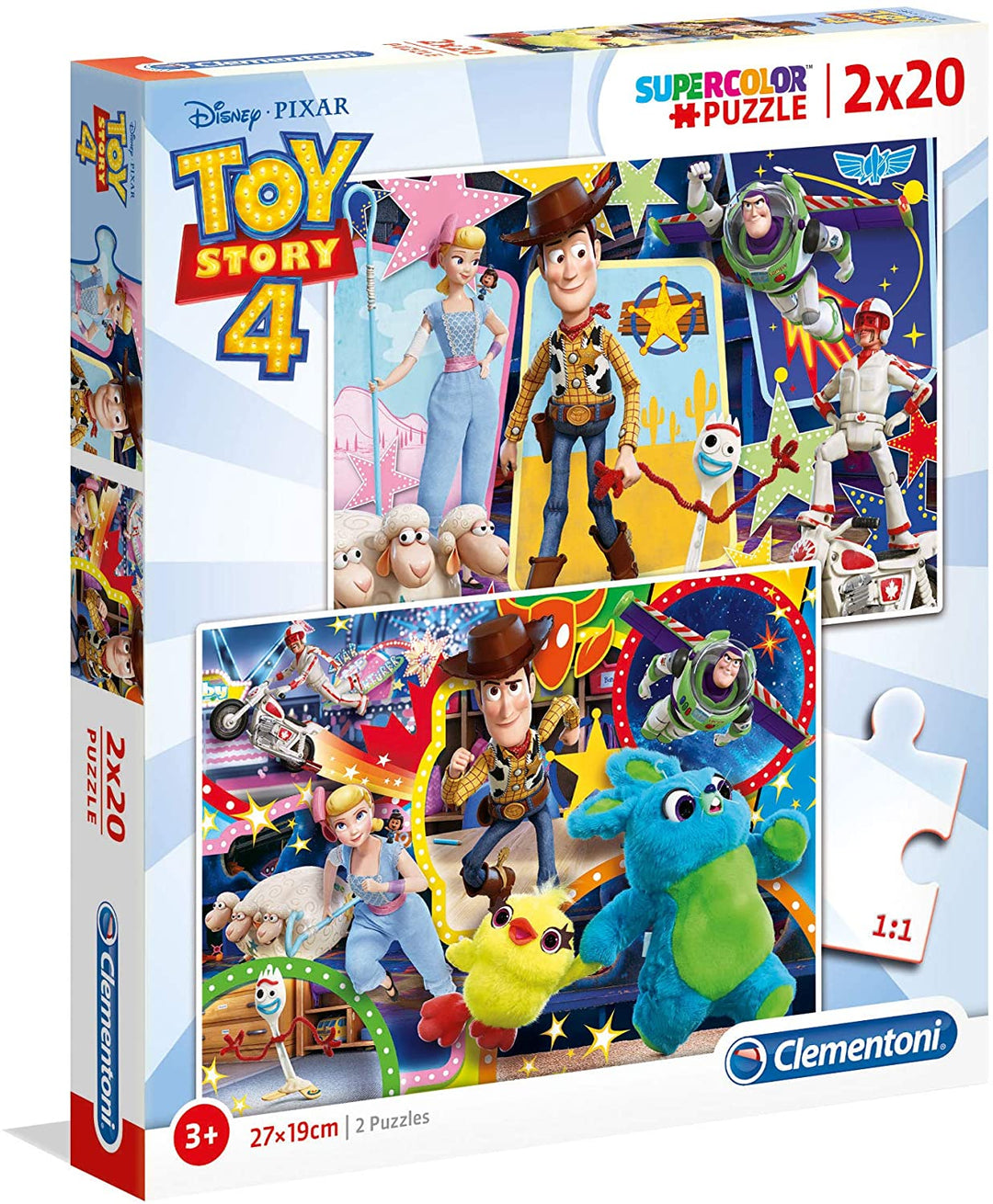 Clementoni – 24761 – Supercolor-Puzzle – Disney Toy Story 4 – 2 x 20 Teile – hergestellt in Italien – Puzzle für Kinder ab 3 Jahren