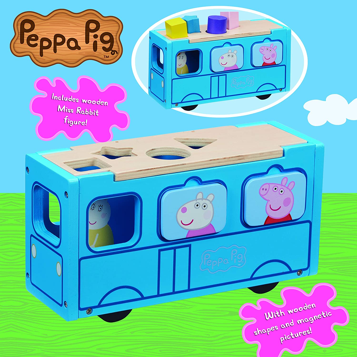 Peppa Pig Wooden School Bus - Push Along Shape Sorter with Magnetic Windows & Miss Rabbit Figure 4