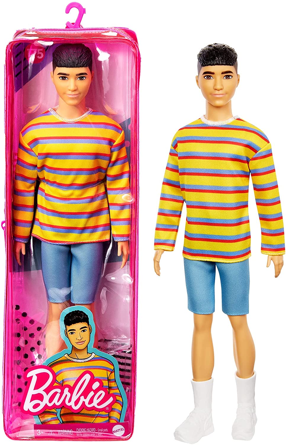 Barbie GRB91 Ken Fashionistas Doll #175 with Sculpted Brunette Hair Wearing a Long-sleeve Colorful Striped Shirt, Multicolor, 31.75 cm*5.08 cm*11.43 cm