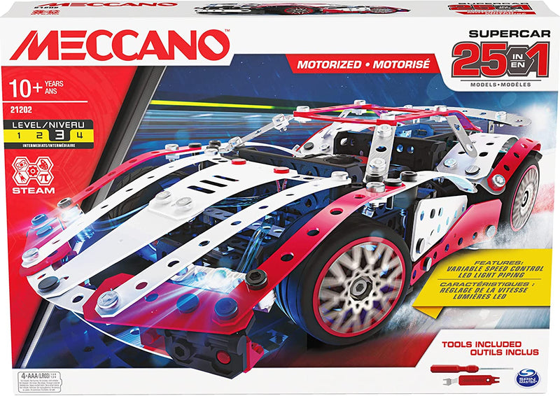 Meccano 25-in-1 Motorized Supercar Stem Model Building Kit with 347 Parts