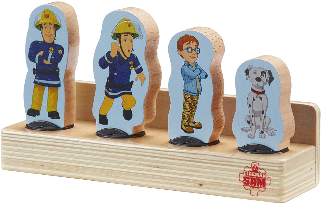 Feuerwehrmann Sam 07323 Holz, 4er-Pack zweiseitiger Figuren, hochwertiges, langlebiges, nachhaltiges FSC-Holz, umweltfreundliches Vorschulspielzeug für Kleinkinder