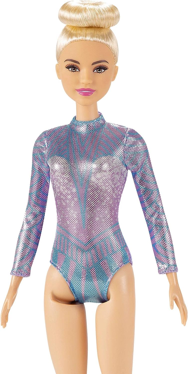 Barbie Rhythmic Gymnast Blonde Doll (12-in/30.40-cm) with Colorful Metallic Leotard, 2 Clubs & Ribbon Accessory, Great Gift for Ages 3 Years Old & Up